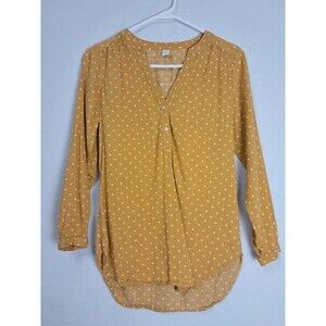 Old Navy Womens Junior XS Long Sleeve Yellow White Polka Dot Shirt Button